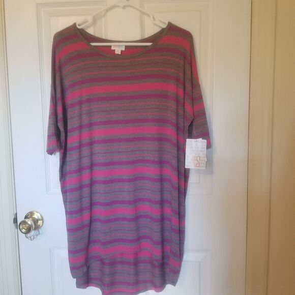 LuLaRoe Grey Pink Purple Striped Irma Scoop Neck Tunic Flowy High Low Sz XSmall - Picture 1 of 11